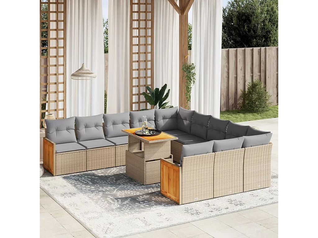 Salon de jardin 11 pièces avec coussins beige résine tressée