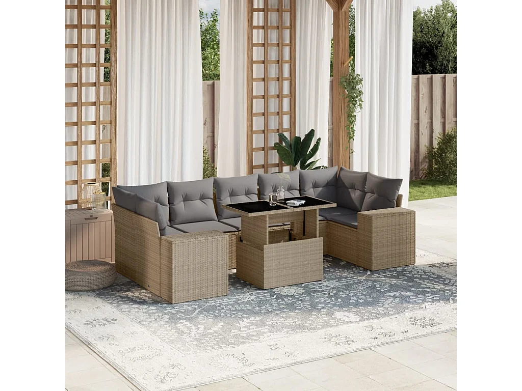 Salon de jardin avec coussins 8 pièces beige résine tressée