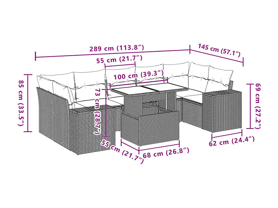 Salon de jardin avec coussins 8 pièces beige résine tressée