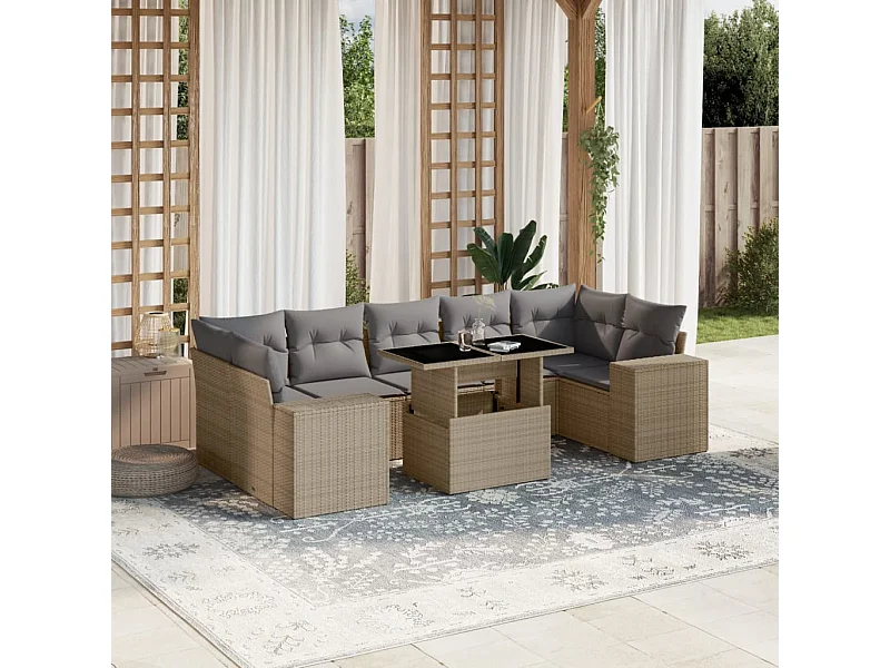 Salon de jardin avec coussins 8 pièces beige résine tressée