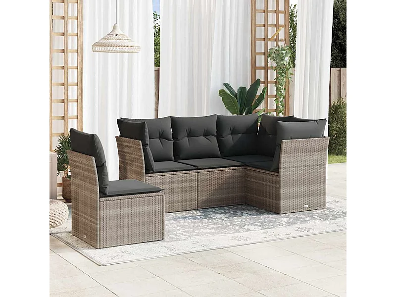 Salon de jardin 5 pièces avec coussins gris clair résine tressée