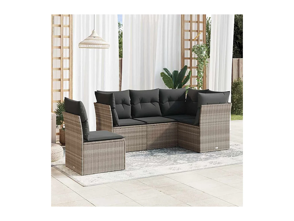 5-delige Loungeset met kussens poly rattan lichtgrijs