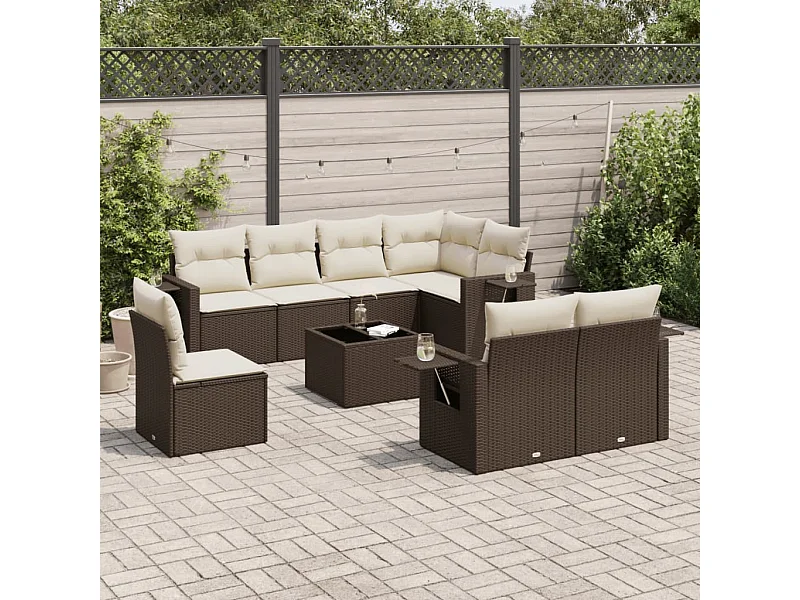 9-delige Loungeset met kussens poly rattan bruin