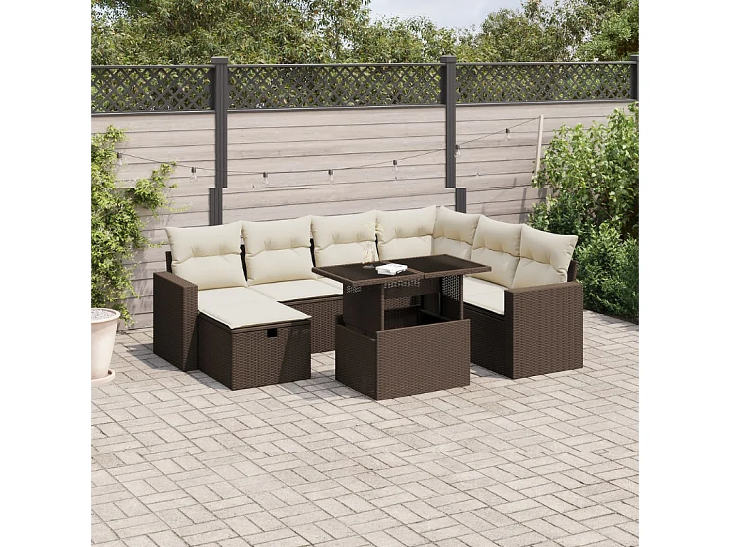 8 peças conjunto sofás de jardim com almofadões vime PE castanho