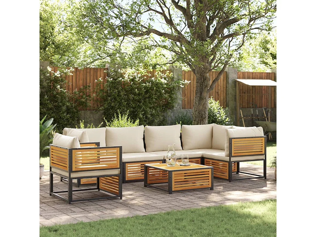 Salon de jardin avec coussins 7 pièces bois massif d'acacia