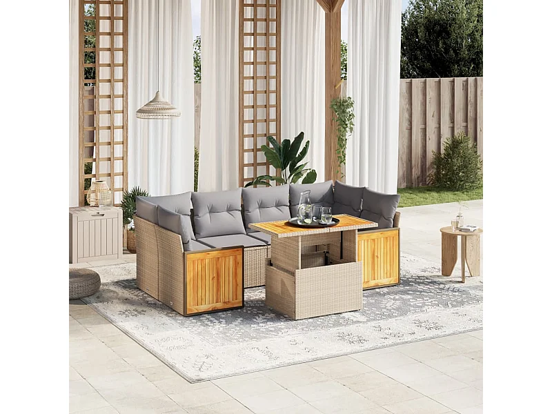 7 peças conjunto de sofás para jardim com almofadões vime PE bege