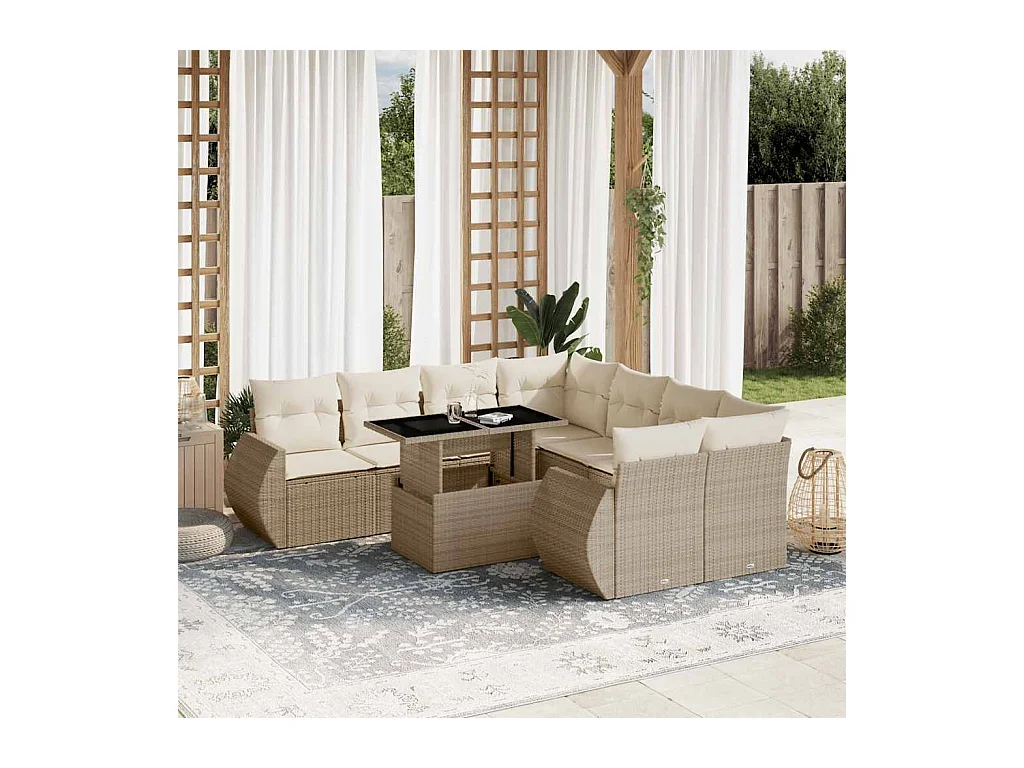 9-delige Loungeset met kussens poly rattan beige