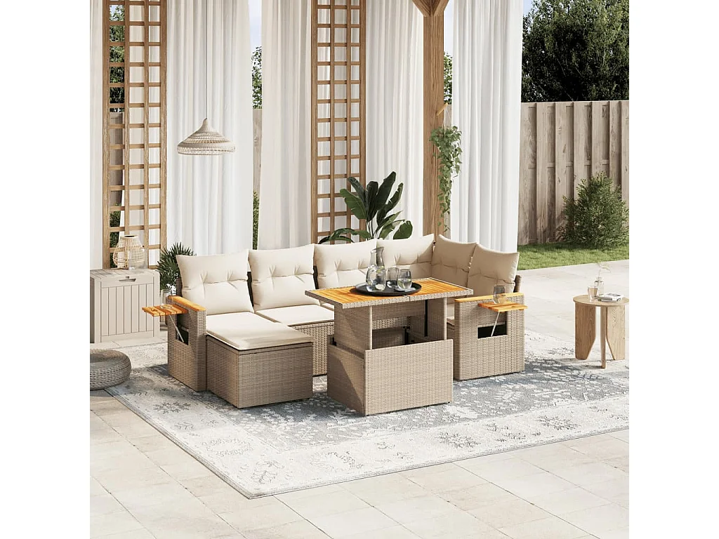 Set sofás de jardín 7 piezas y cojines ratán sintético beige