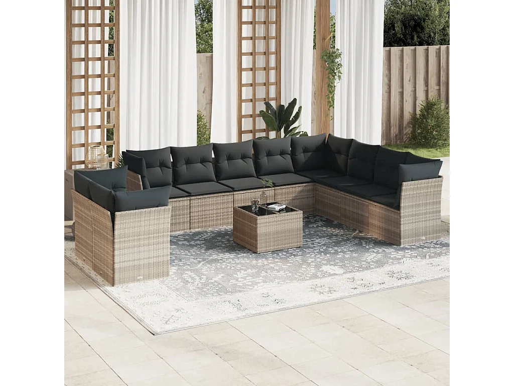 Salon de jardin 11 pièces avec coussins gris clair résine tressée