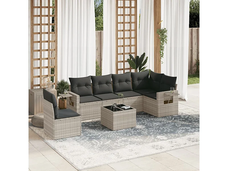 Salon de jardin avec coussins 7 pièces gris clair résine tressée