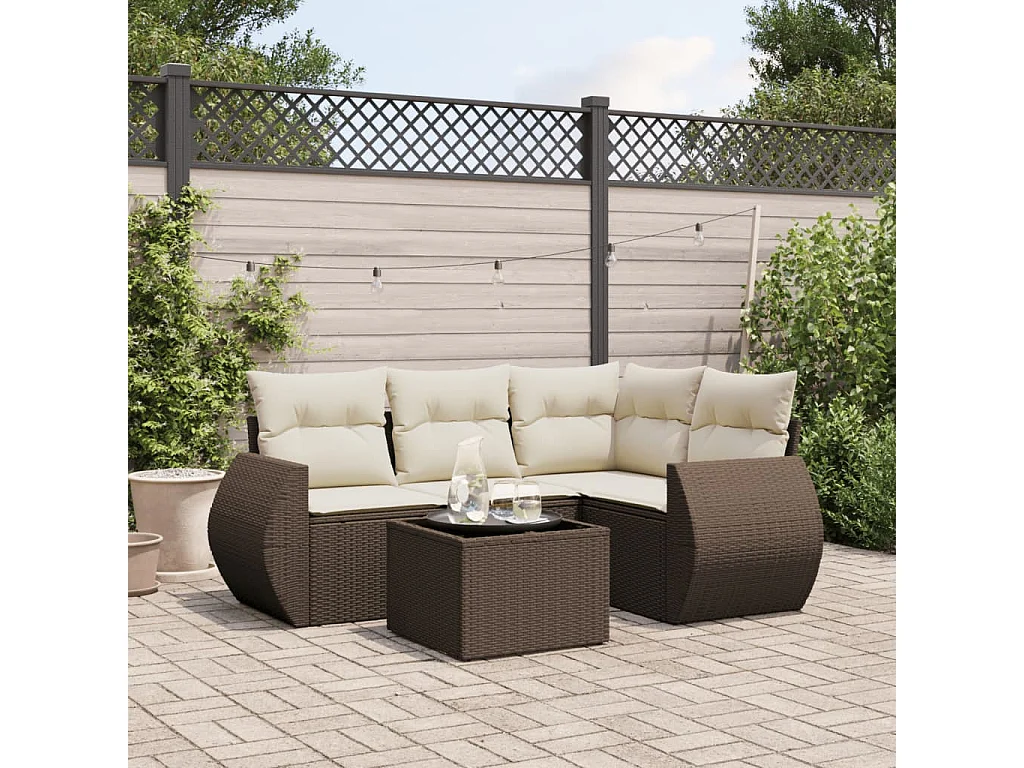 5-delige Loungeset met kussens poly rattan bruin