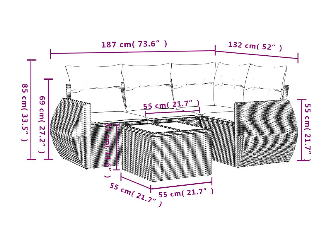 5-delige Loungeset met kussens poly rattan bruin