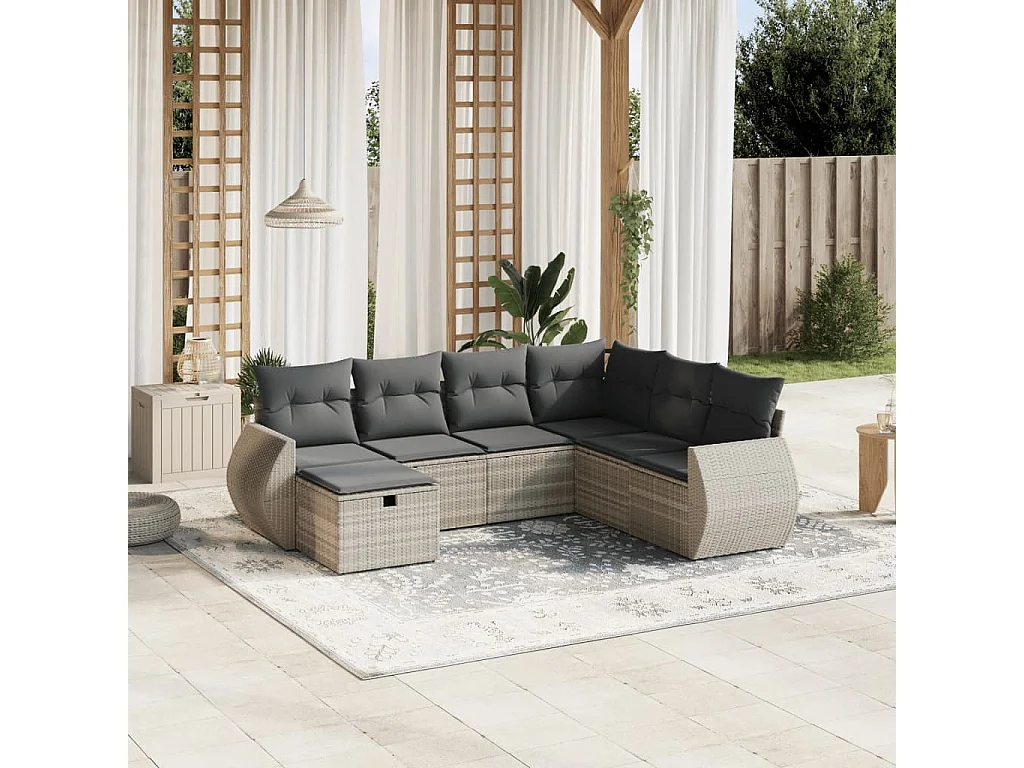 Salon de jardin avec coussins 7 pièces gris clair résine tressée