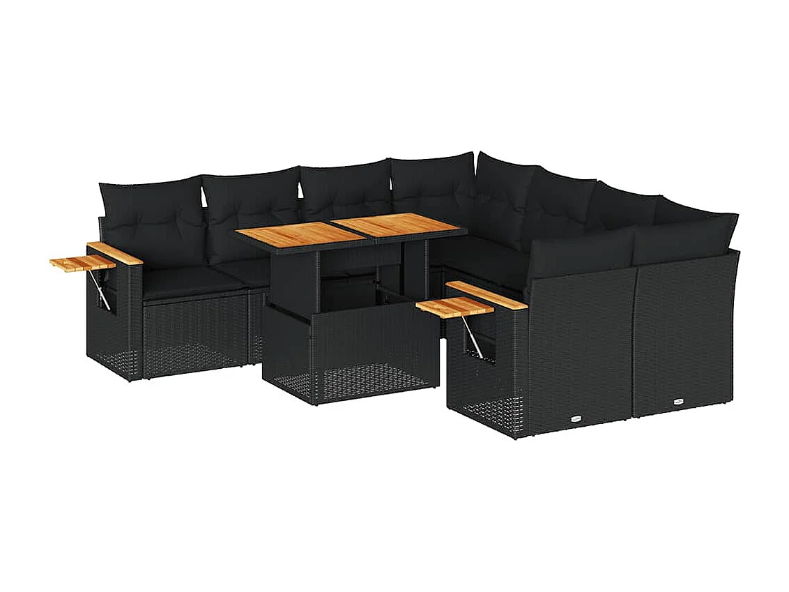 9 peças conjunto sofás para jardim almofadões vime PE/acácia preto