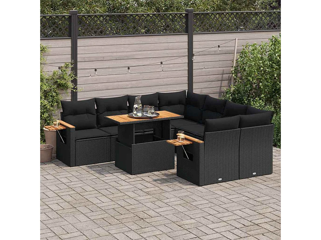 Salon de jardin avec coussins 9 pièces noir résine tressée acacia