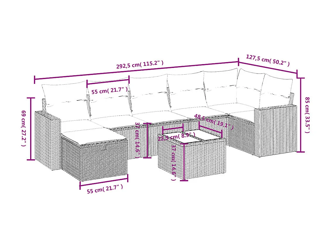 Salon de jardin 8 pièces avec coussins marron résine tressée