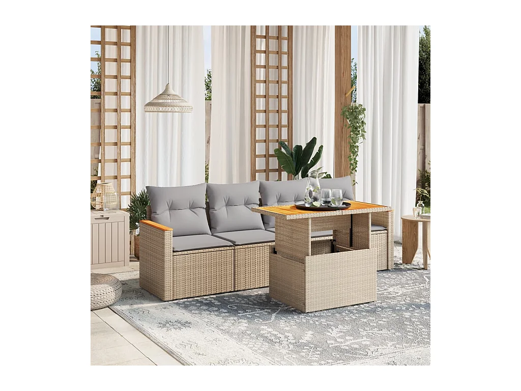 Juego de sofás jardín con cojines 5 piezas ratán sintético beige