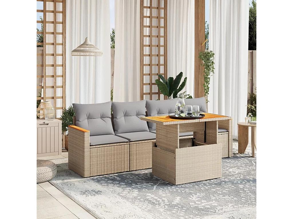 5 peças conjunto de sofás para jardim com almofadões vime PE bege