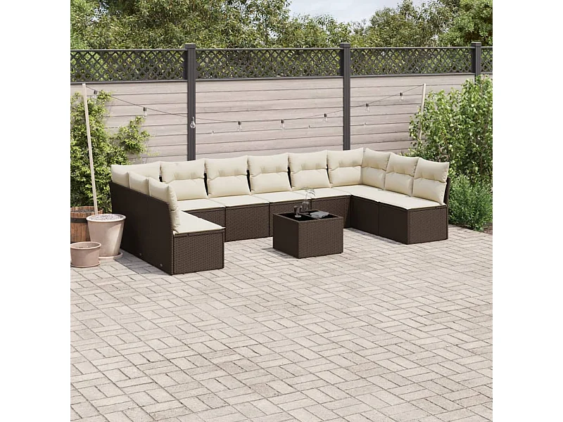 11 peças conjunto sofás de jardim com almofadões vime PE castanho