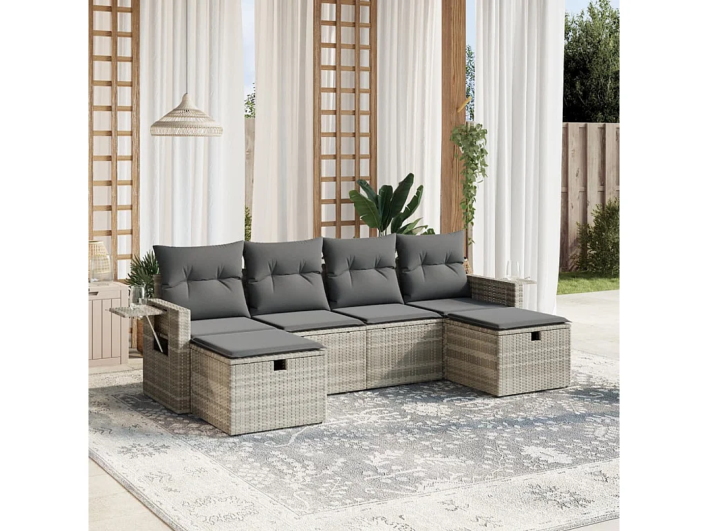 Salon de jardin 6 pièces avec coussins gris clair résine tressée