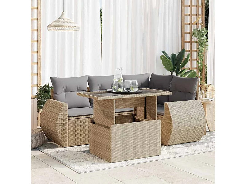 Salon de jardin avec coussins 5 pièces beige résine tressée