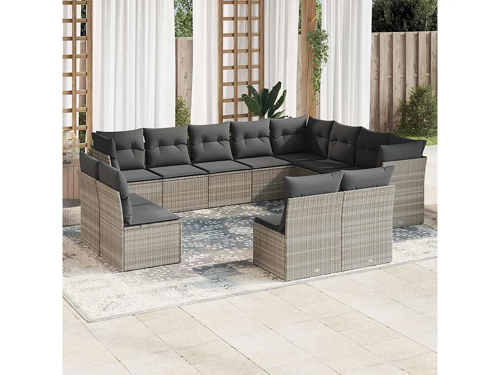 Set de sofás de jardín 12 piezas y cojines ratán sintético gris