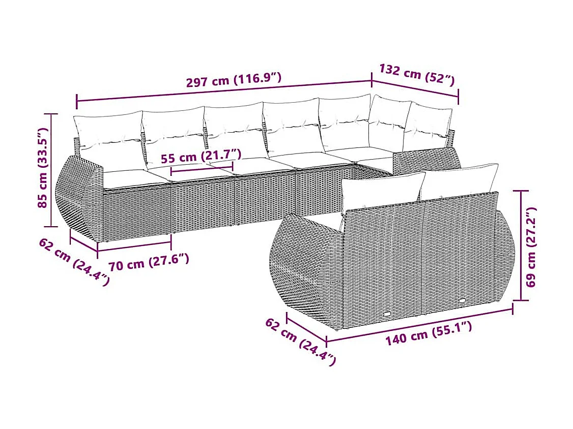 8-delige Loungeset met kussens poly rattan lichtgrijs