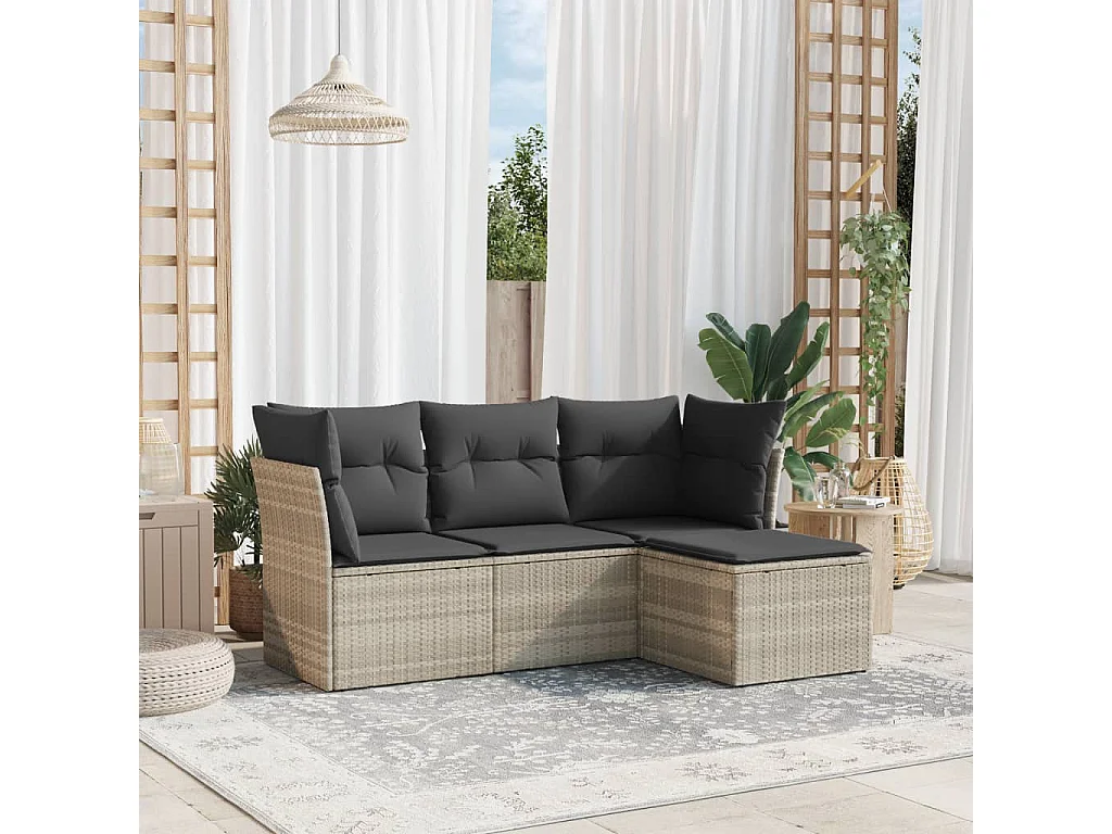 Salon de jardin 4 pièces avec coussins gris clair résine tressée