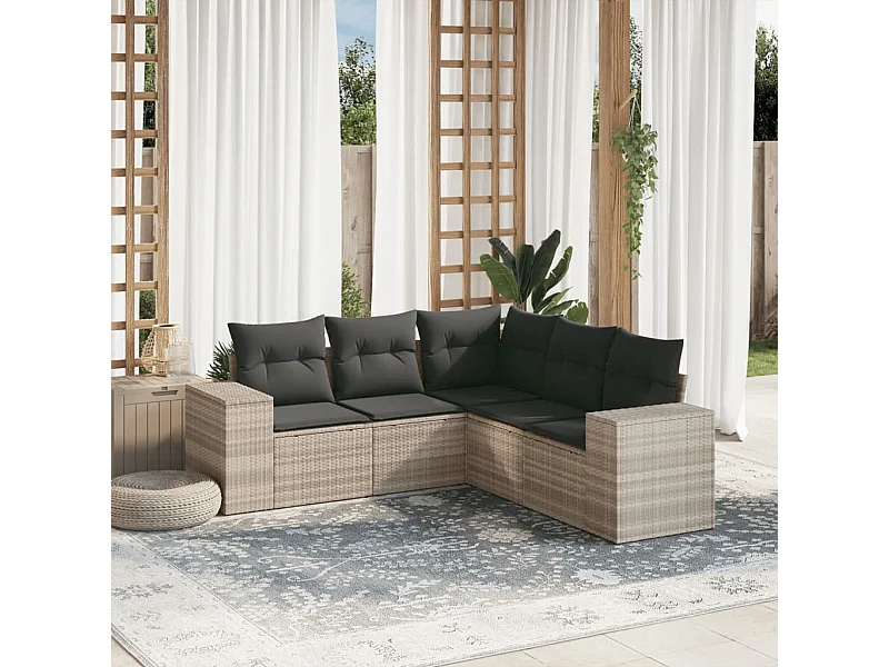 Salon de jardin 5 pièces avec coussins gris clair résine tressée