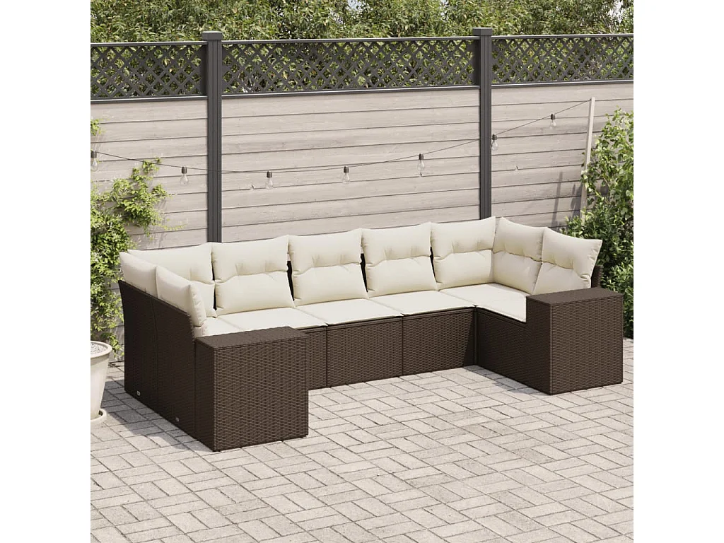 7 peças conjunto de sofás jardim com almofadões vime PE castanho