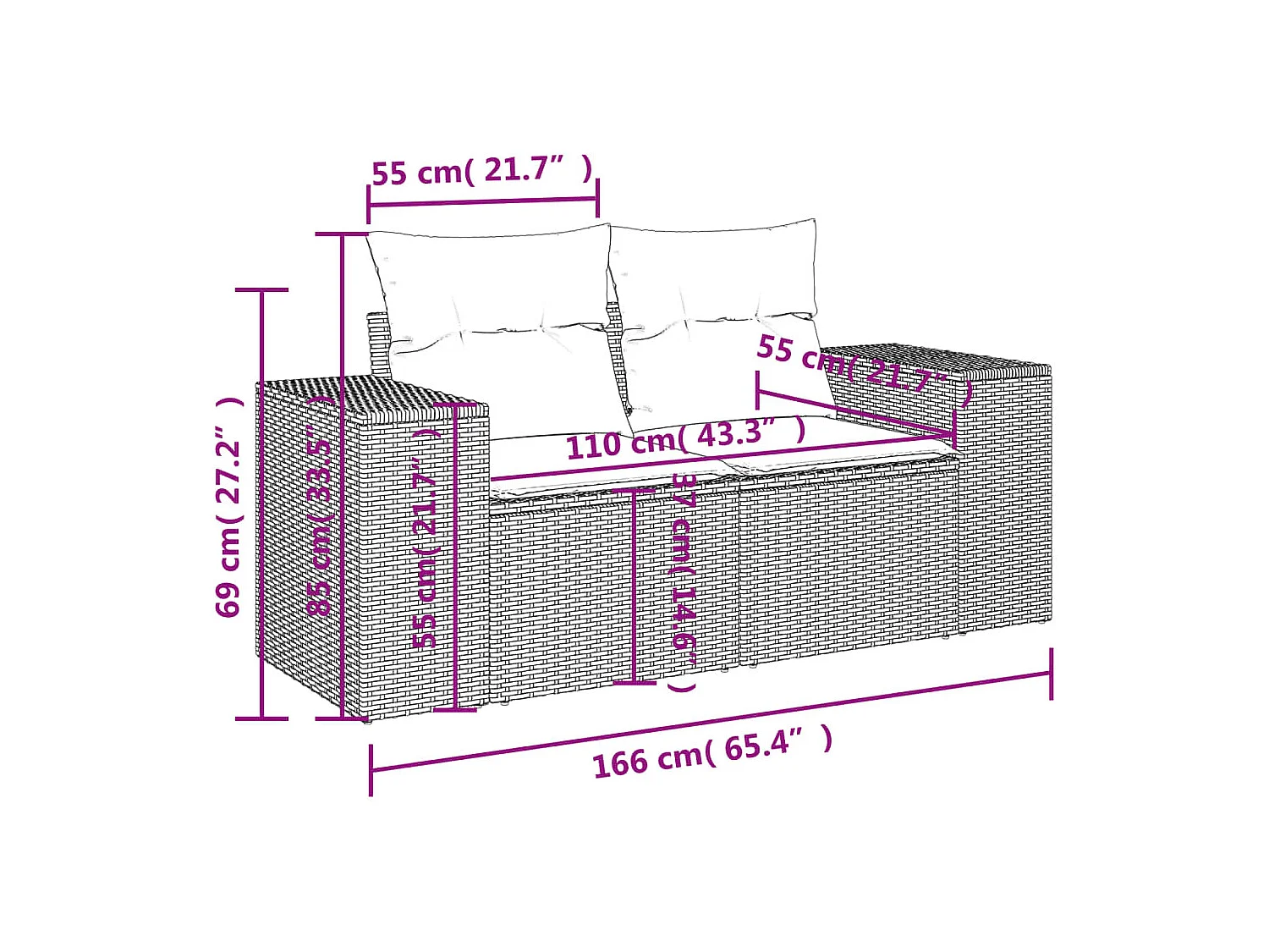 7 peças conjunto de sofás jardim com almofadões vime PE castanho