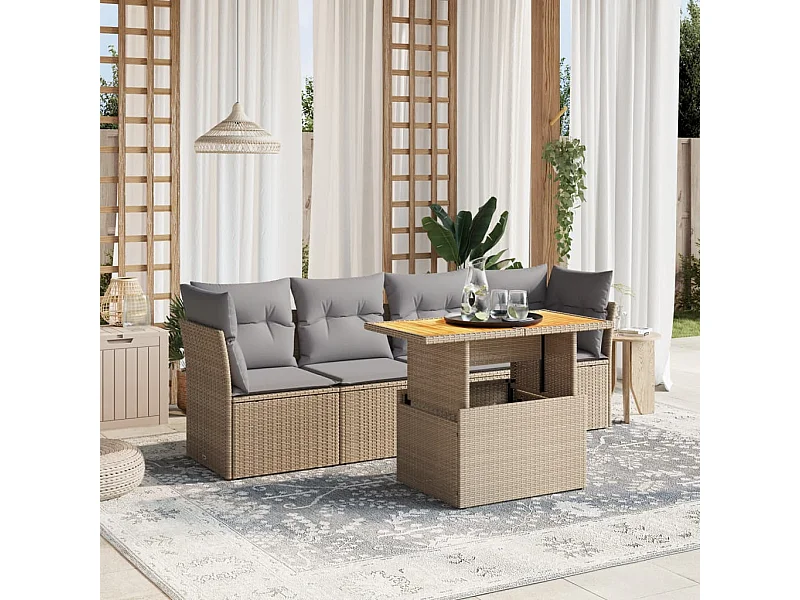 5 peças conjunto de sofás para jardim com almofadões vime PE bege