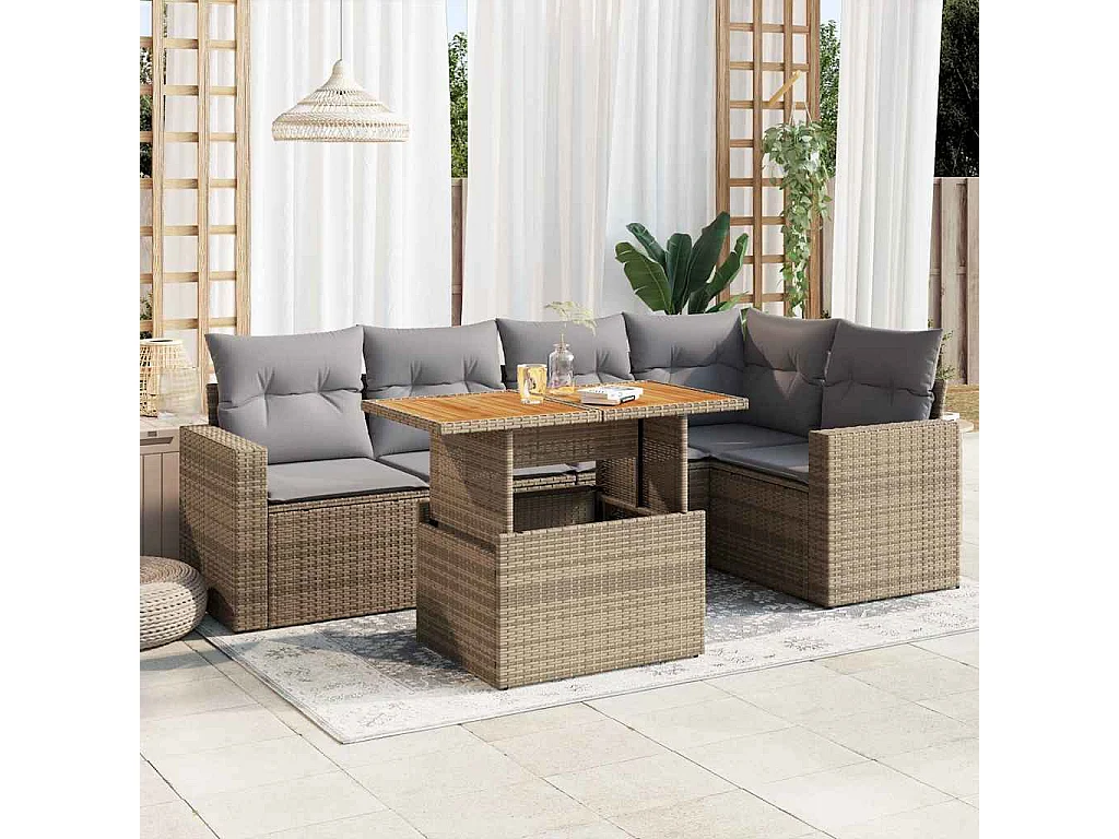 Salon de jardin avec coussins 6 pièces beige résine tressée