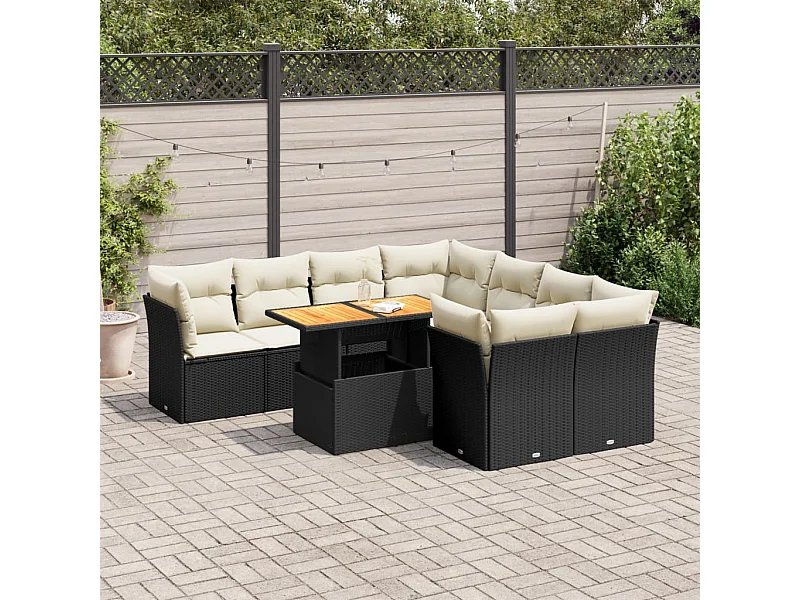 9-delige Loungeset met kussens poly rattan zwart