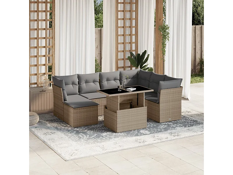 8-delige Loungeset met kussens poly rattan beige