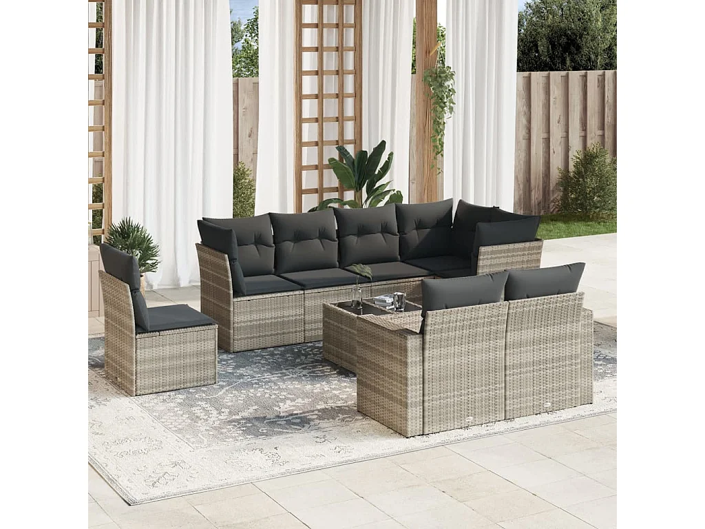 9-delige Loungeset met kussens poly rattan lichtgrijs
