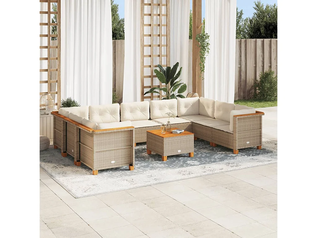 10 peças conjunto de sofás para jardim com almofadões vime PE bege