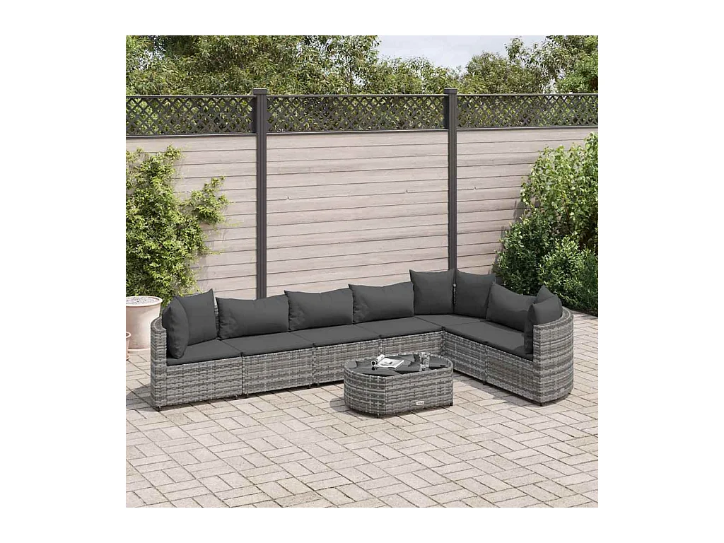 Salon de jardin 8 pièces avec coussins gris résine tressée