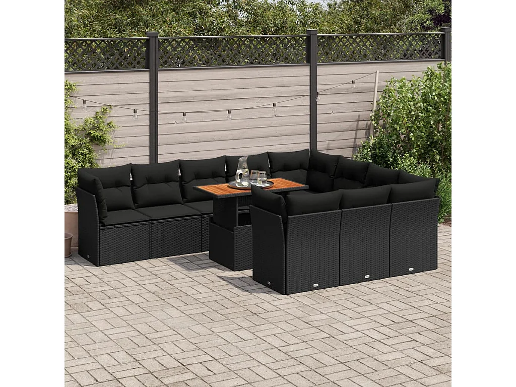 Salon de jardin 11 pièces avec coussins noir résine tressée