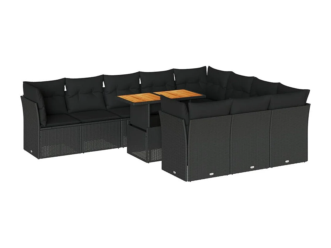 Salon de jardin 11 pièces avec coussins noir résine tressée