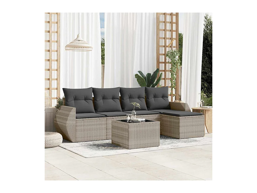 Set de sofás de jardín 6 piezas y cojines ratán sintético gris