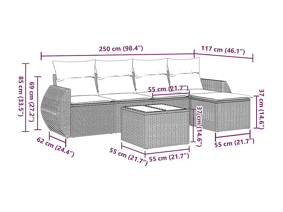 Set de sofás de jardín 6 piezas y cojines ratán sintético gris