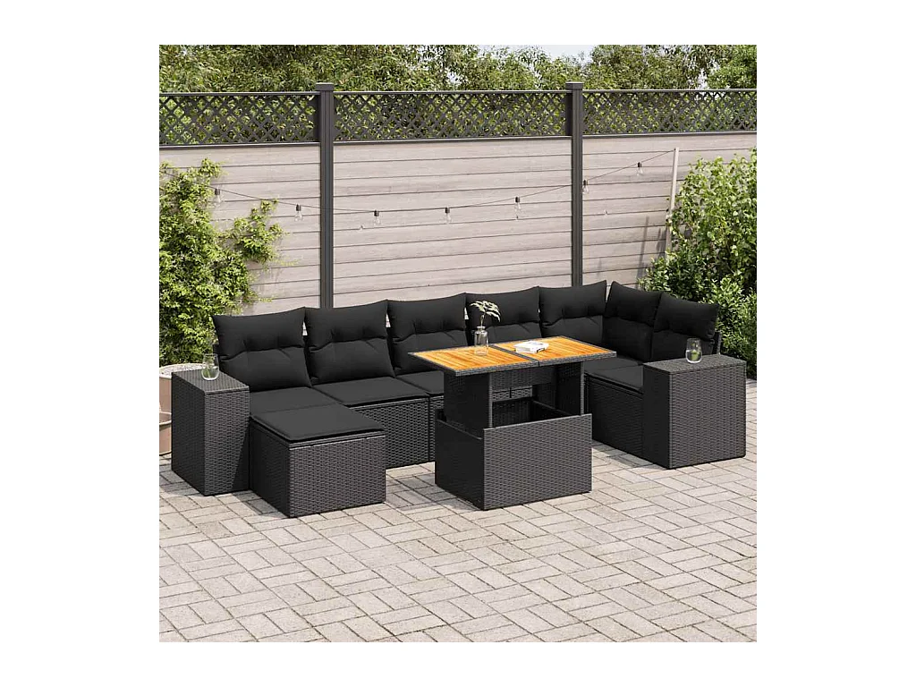 8 peças conjunto sofás de jardim com almofadões vime PE preto