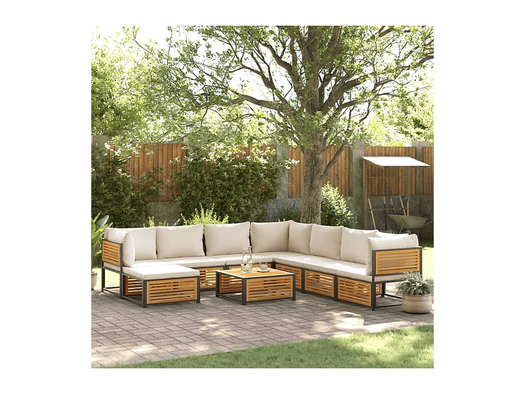 Salon de jardin avec coussins 9 pièces bois massif d'acacia
