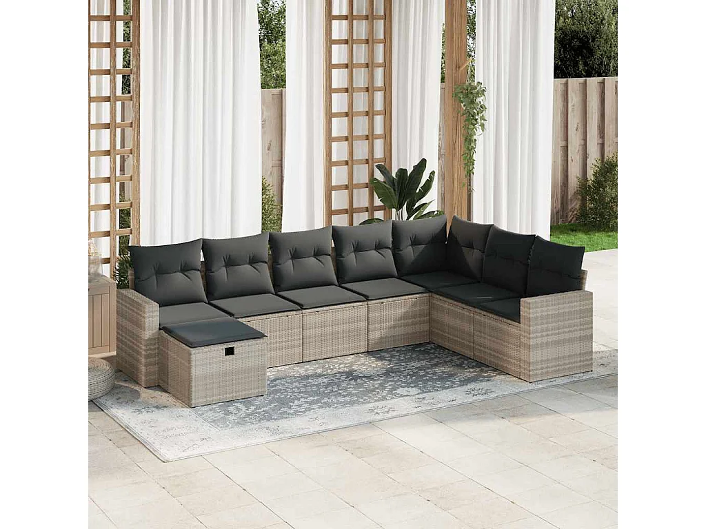 Set de sofás de jardín 8 piezas y cojines ratán sintético gris