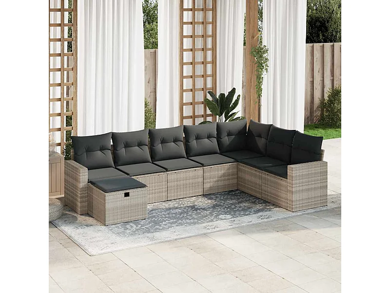 Salon de jardin 8 pièces avec coussins gris clair résine tressée