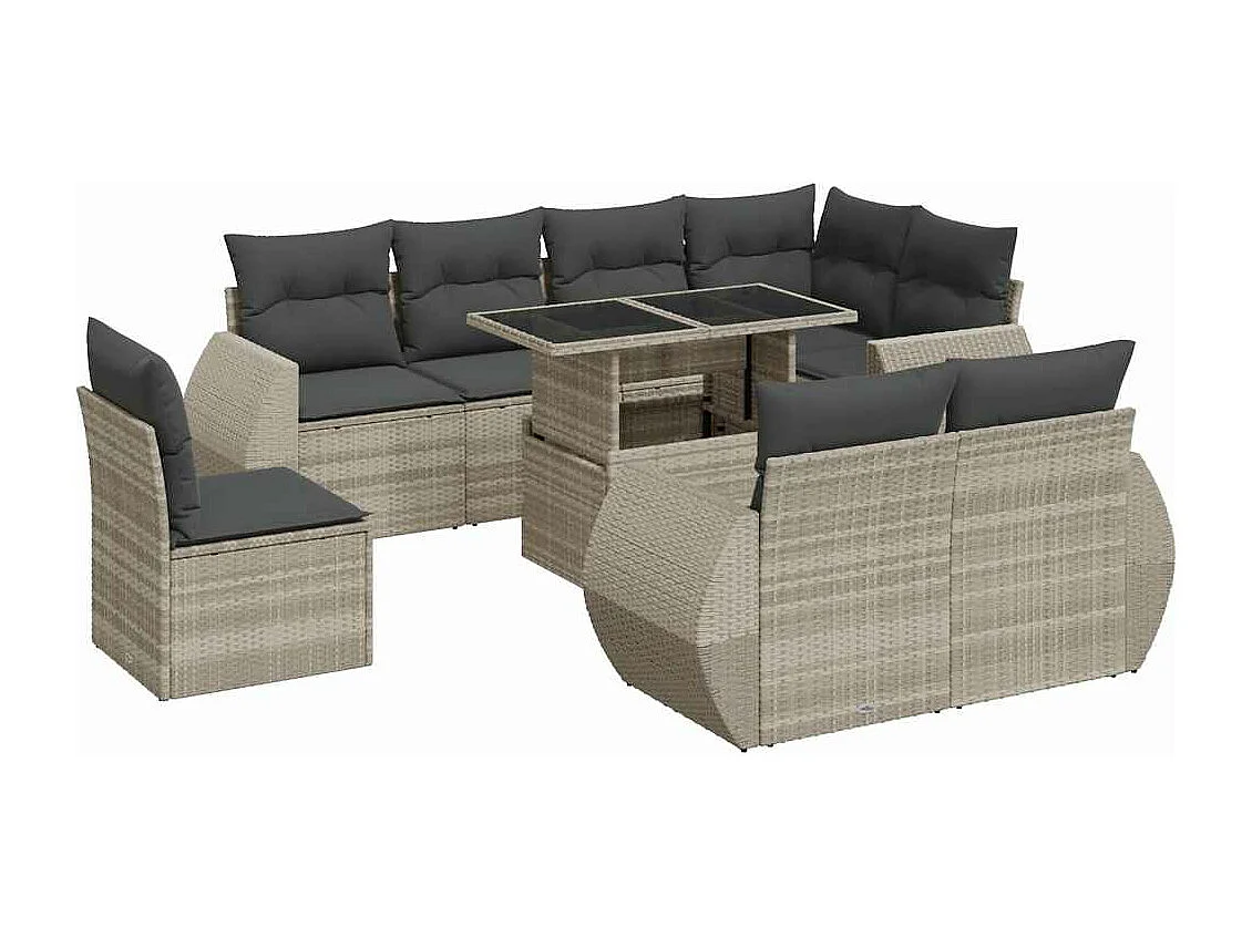 Set muebles jardín 9 piezas y cojines ratán sintético gris claro