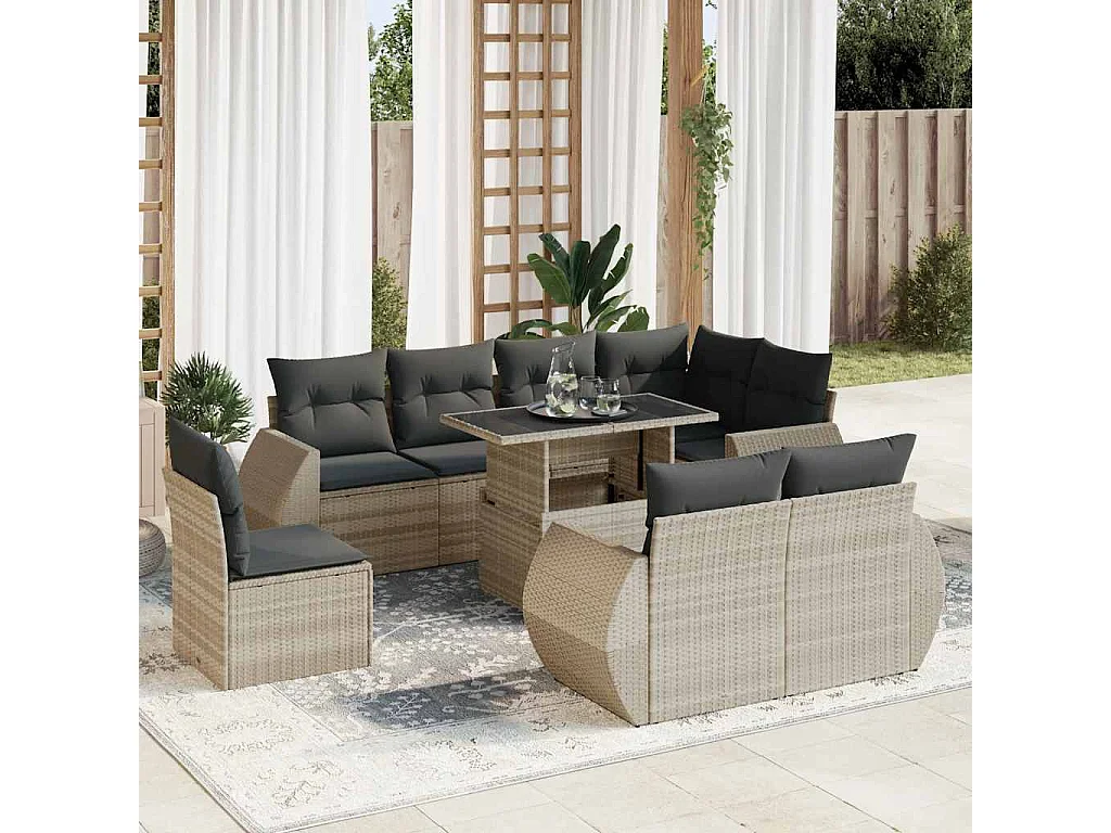 9-delige Loungeset met kussens poly rattan lichtgrijs