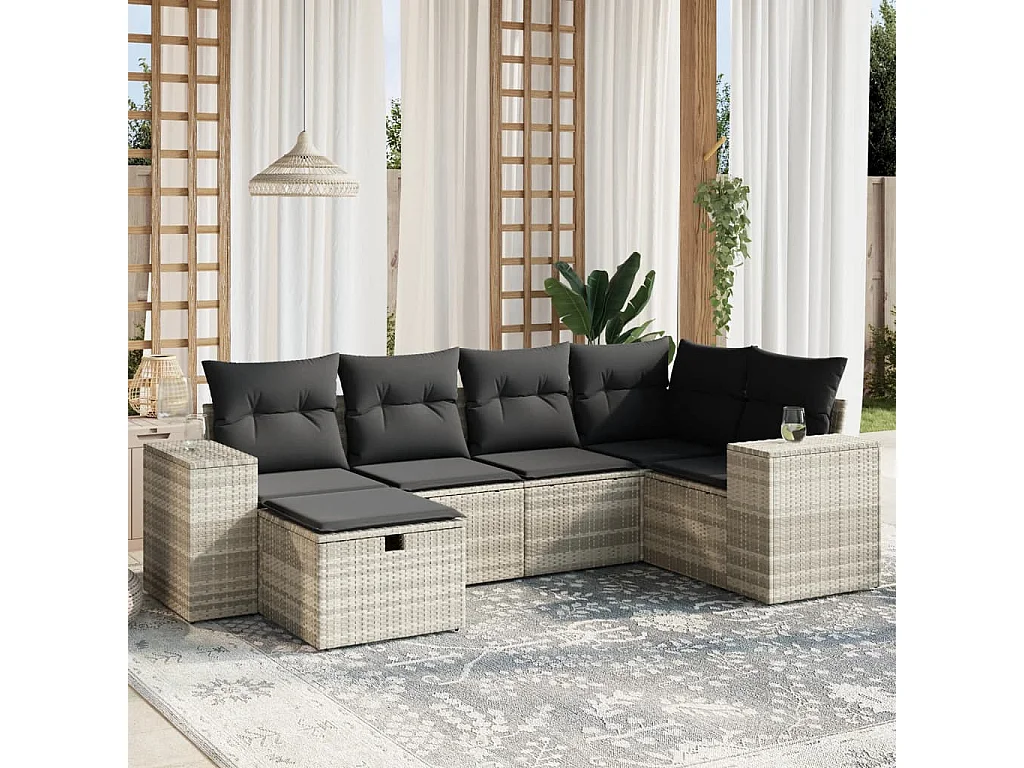 Salon de jardin 6 pièces avec coussins gris clair résine tressée