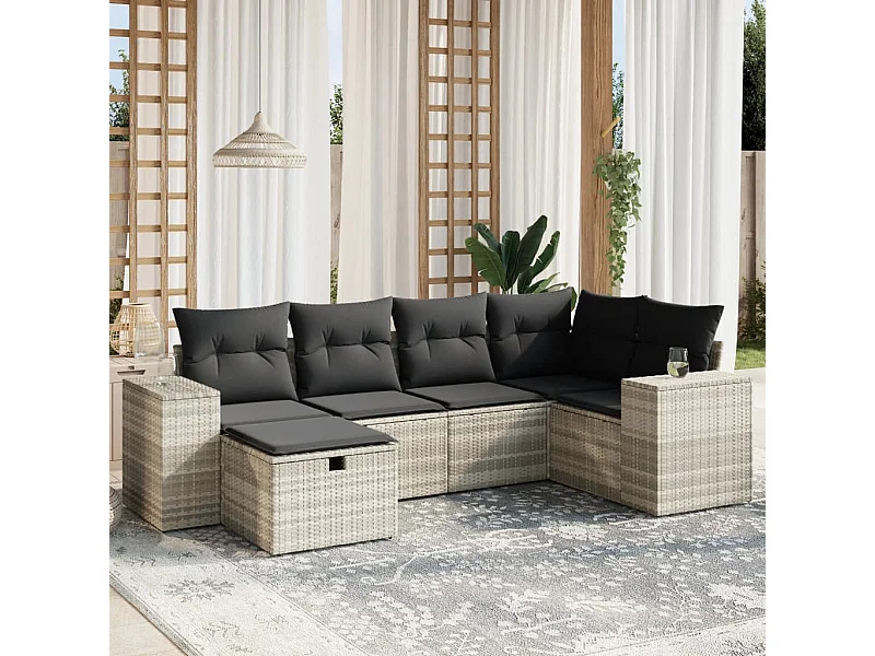 Salon de jardin 6 pièces avec coussins gris clair résine tressée